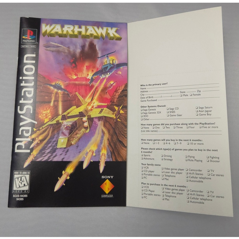 Warhawk PlayStation 1 (PS1)‎ Long Box - Complete in Box (CIB) W/ Reg Card Tested - Picture 11 of 13